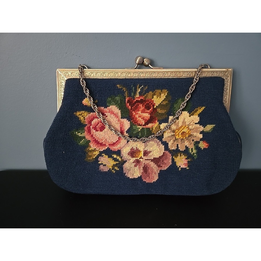 Vintage French Petit Point Tapastry Needlepoint Hand Bag Blue With Flowers